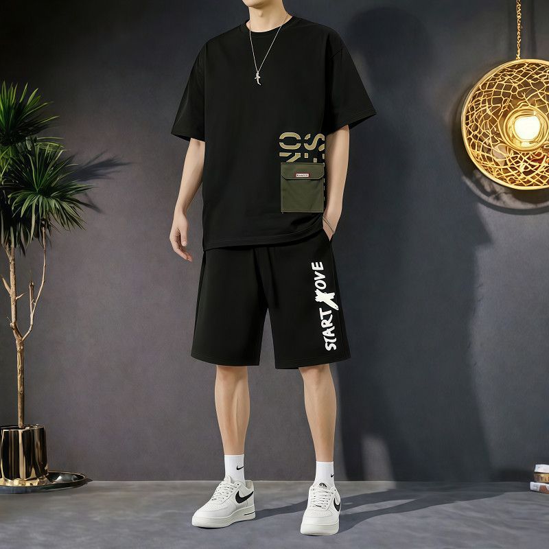 【單件/套裝】美式設計感寬松拼接口袋短袖t恤+潮流休閑褲兩件套