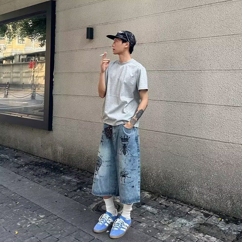 復古美式高街塗鴉男女寬松休閑顯瘦直筒七分牛仔褲