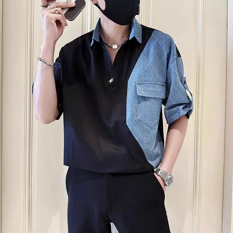 痞帥男士半袖爆款襯衫潮流時尚穿搭男裝短袖夏季牛仔拼接上衣男款
