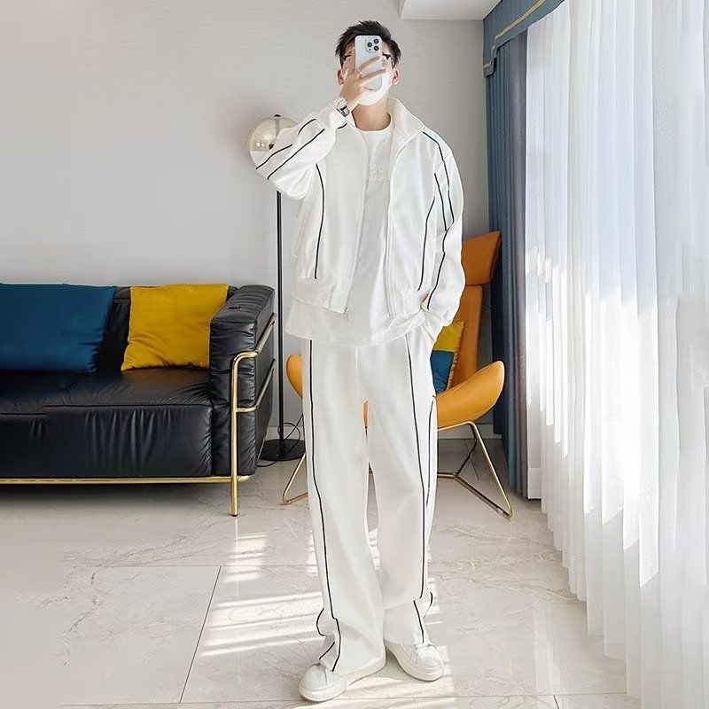 【整套】撞色輯明線立領寬鬆痞帥外套+休閒闊腿運動褲兩件套