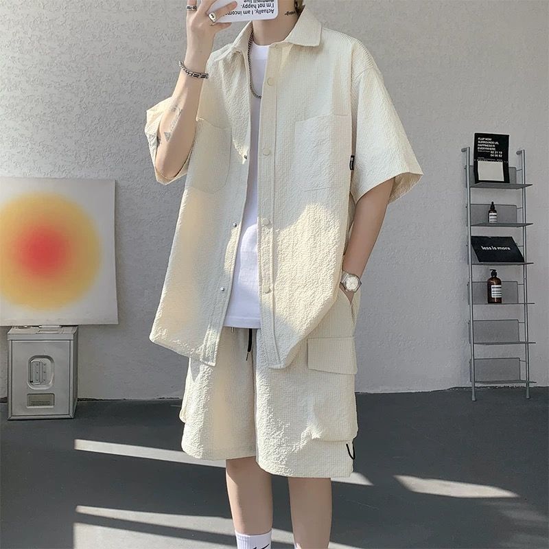 【整套】休閒帥氣潮流百搭款短袖襯衫+五分短褲兩件套裝