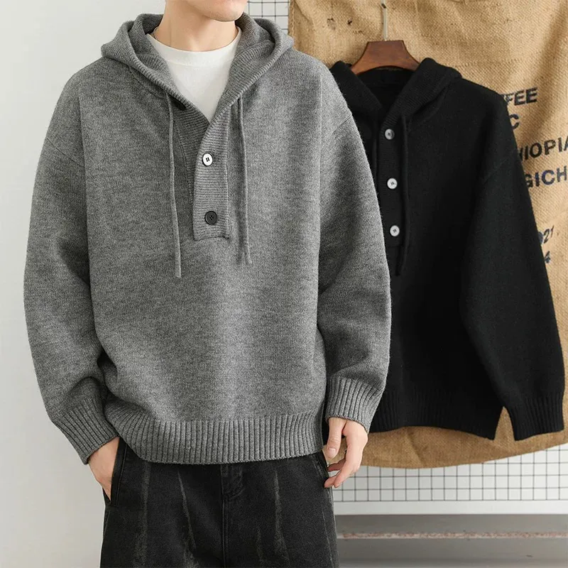 美式慵懶寬鬆休閒港風連帽紐扣情侶針織衫毛衣