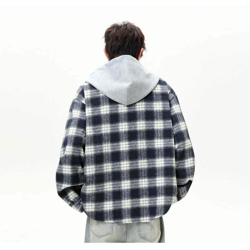 寬鬆復古磨毛格子撞色拼接連帽長袖襯衫外套