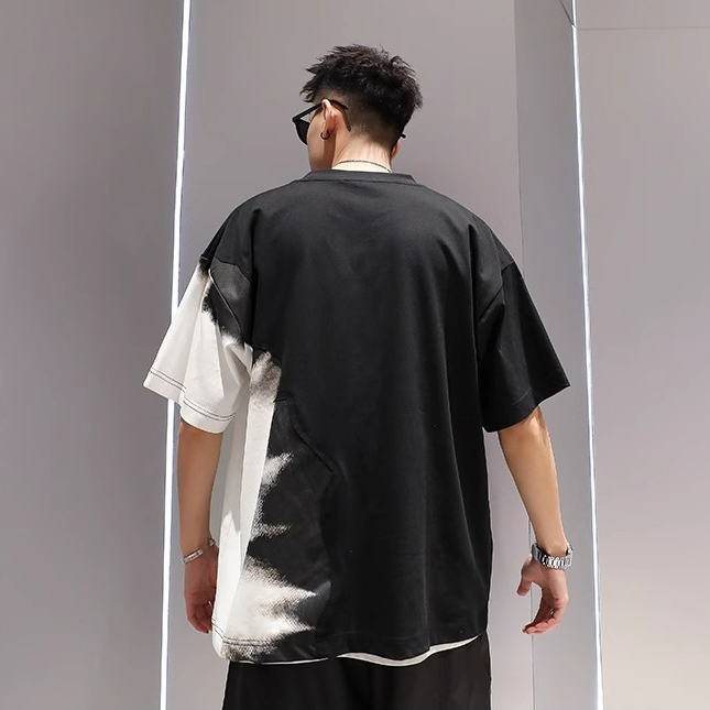 夏季撞色重磅純棉拼接漸變短袖男美式潮牌設計感寬鬆小眾痞帥T恤