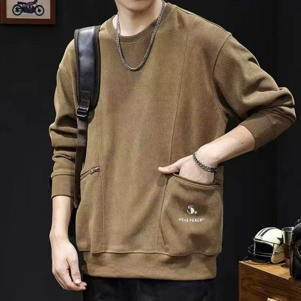 美式工裝拉鍊口袋復古重磅寬鬆圓領長袖T恤