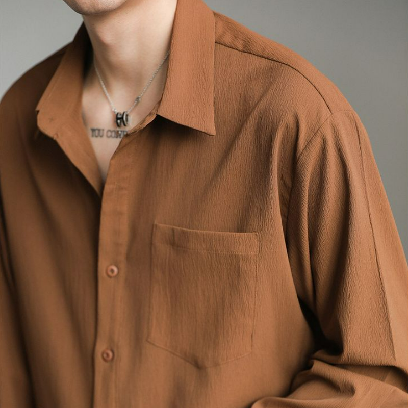 輕熟韓風潮流帥氣寬鬆休閒皺紋垂感長袖襯衫