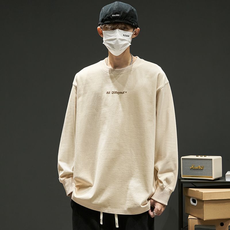 日系潮流寬圓領簡約字母長袖T恤