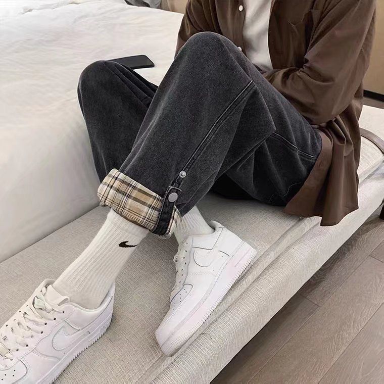 翻邊格子牛仔ins潮直筒九分褲裝