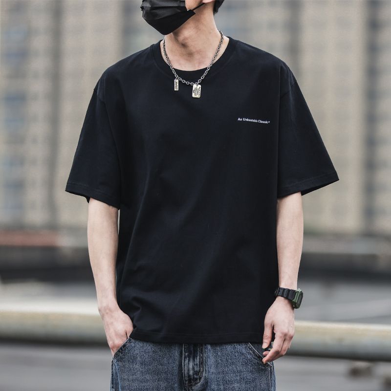 重磅棉美式復古字母印花圓領男士t恤夏季寬鬆潮流百搭半截袖體恤