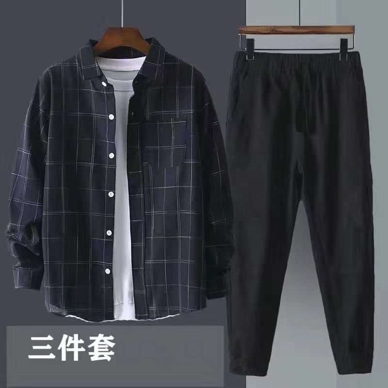 【單件/套裝】帥氣百搭格子襯衫外套+白T恤+寬松休閑九分褲三件套