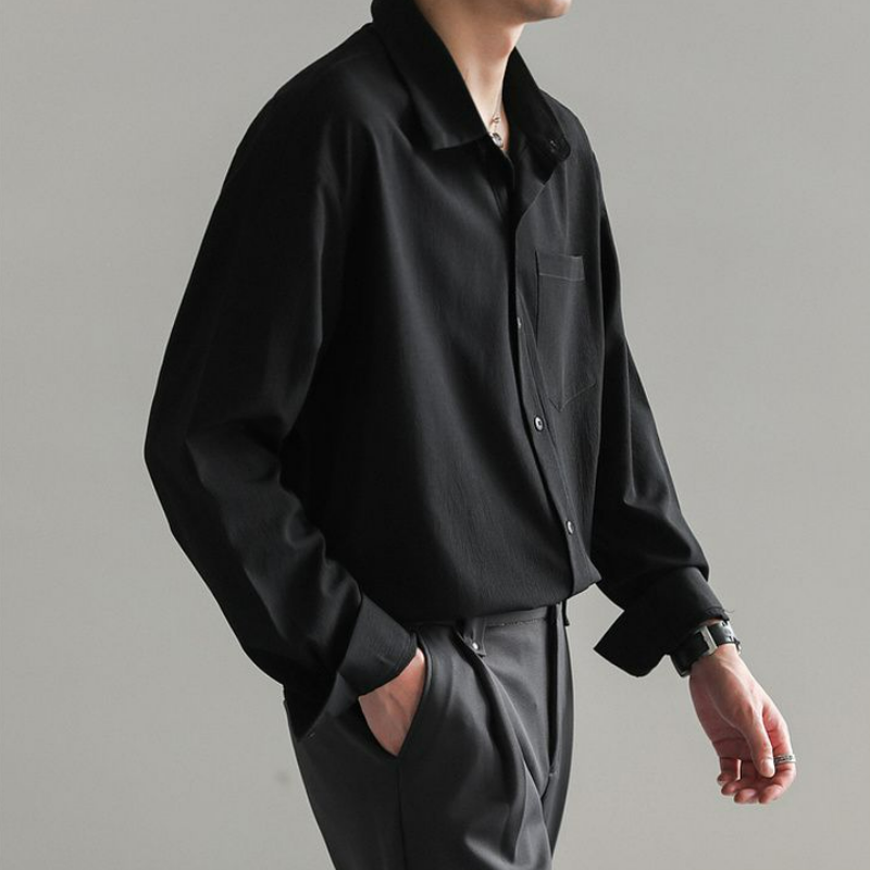 輕熟韓風潮流帥氣寬鬆休閒皺紋垂感長袖襯衫