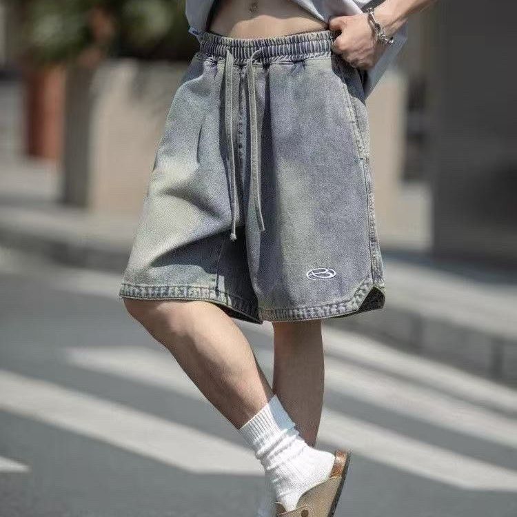 美式復古水洗直筒刺繡休閒五分牛仔短褲