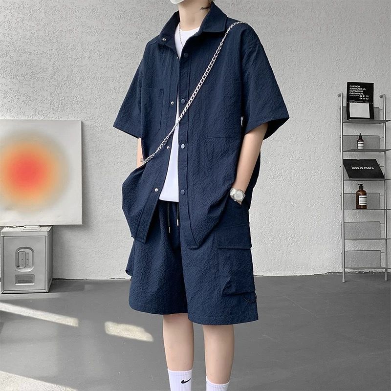 【整套】休閒帥氣潮流百搭款短袖襯衫+五分短褲兩件套裝