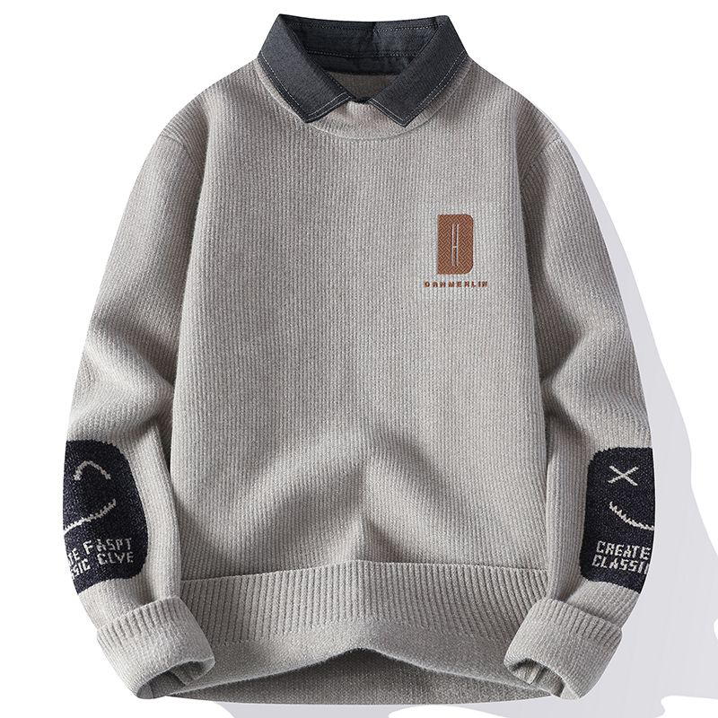 假兩件襯衣領圓領長袖針織衫