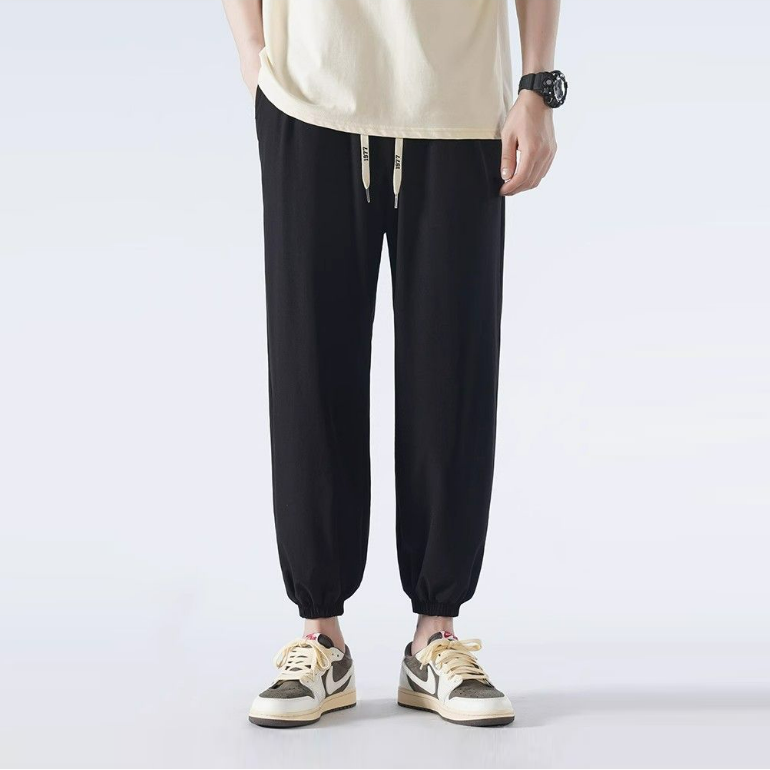 夏季冰絲褲子男寬鬆薄款休閒褲束腳哈倫大碼運動長褲九分