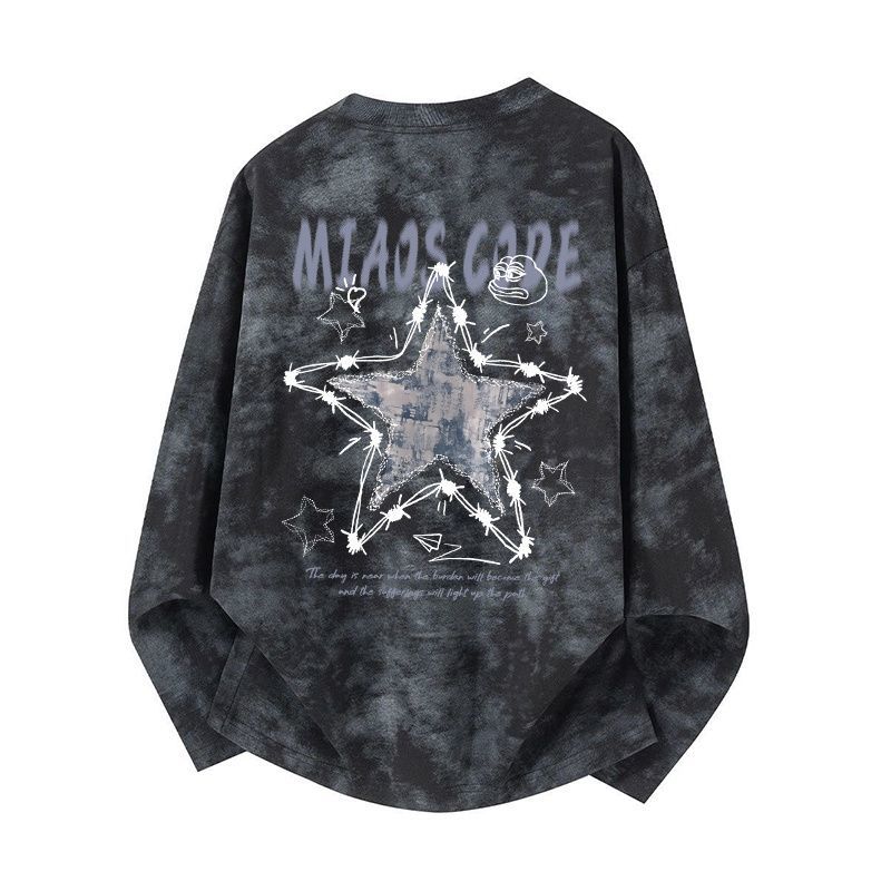 美式高街潮牌寬鬆休閒印花圓領扎染長袖T恤