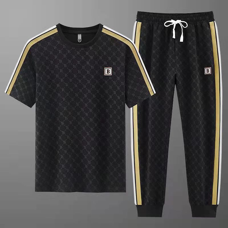 【整套】休閑薄款冰絲帥氣短袖T恤+運動短褲兩件套裝