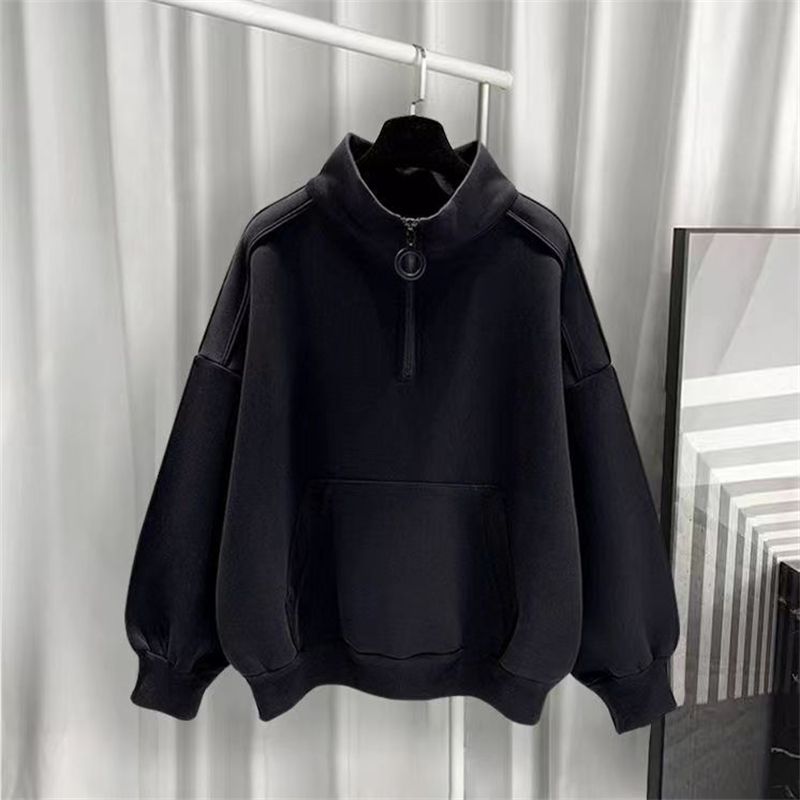 大碼港風百搭寬松運動休閑加絨半高領拉鏈衛衣