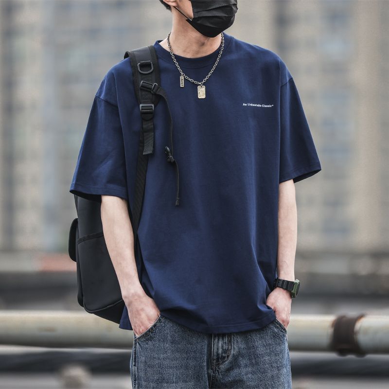 重磅棉美式復古字母印花圓領男士t恤夏季寬鬆潮流百搭半截袖體恤