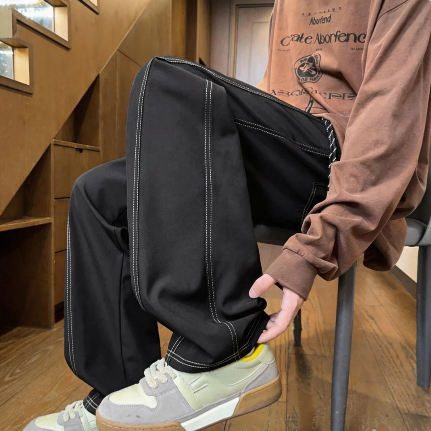 百搭時尚潮流明線彎刀設計寬鬆顯瘦休閒褲