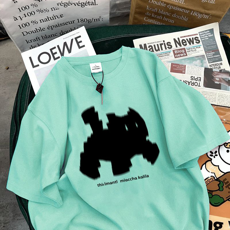 復古潮流高街小黑貓印花五分袖T恤