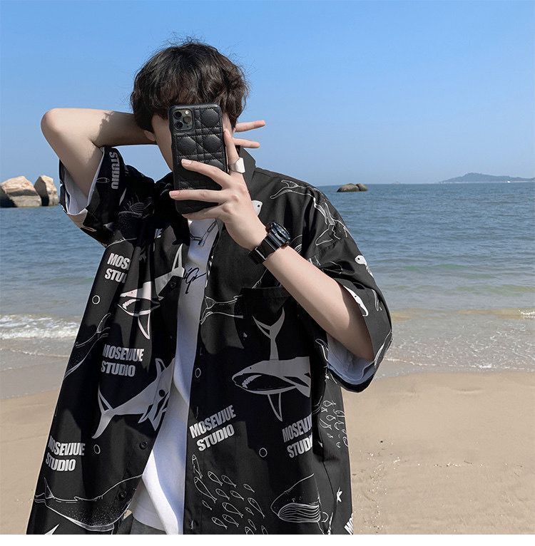 【單件/套裝】鯨魚印花情侶寬松短袖襯衫+T恤+潮流百搭休閑褲三件套