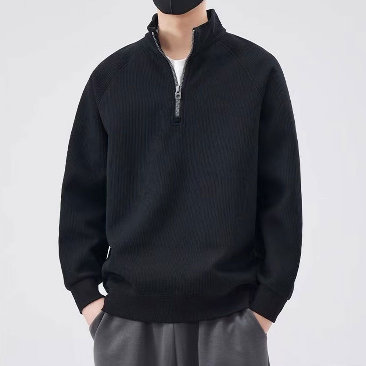 美式寬鬆帥氣百搭打底休閒半拉鍊立領長袖T恤