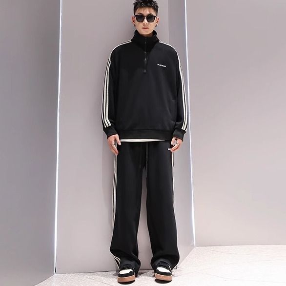 【單件/套裝】運動潮牌半拉鍊套頭衛衣+休閒闊腿直筒褲褲裝兩件套套裝