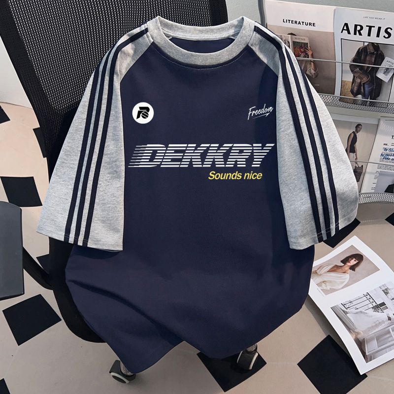 純棉短袖T恤男女夏季美式潮牌字母印花寬鬆三條杠半袖上衣