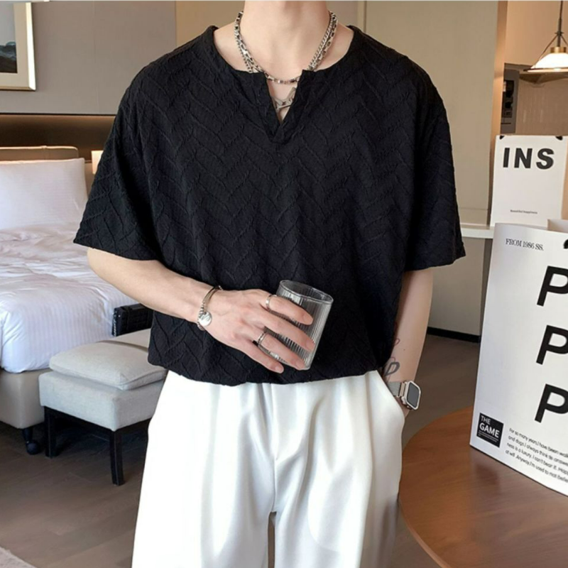 法式高街褶皺ins寬鬆慵懶風魚鱗紋V領短袖t恤衫
