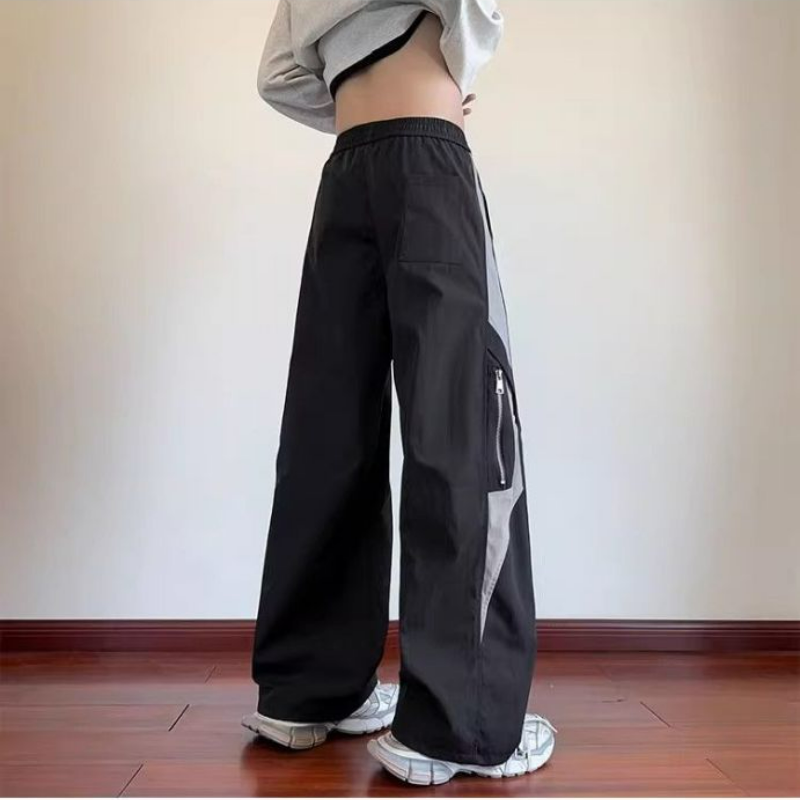 美式高街拼接撞色工裝寬鬆直筒百搭潮流運動褲