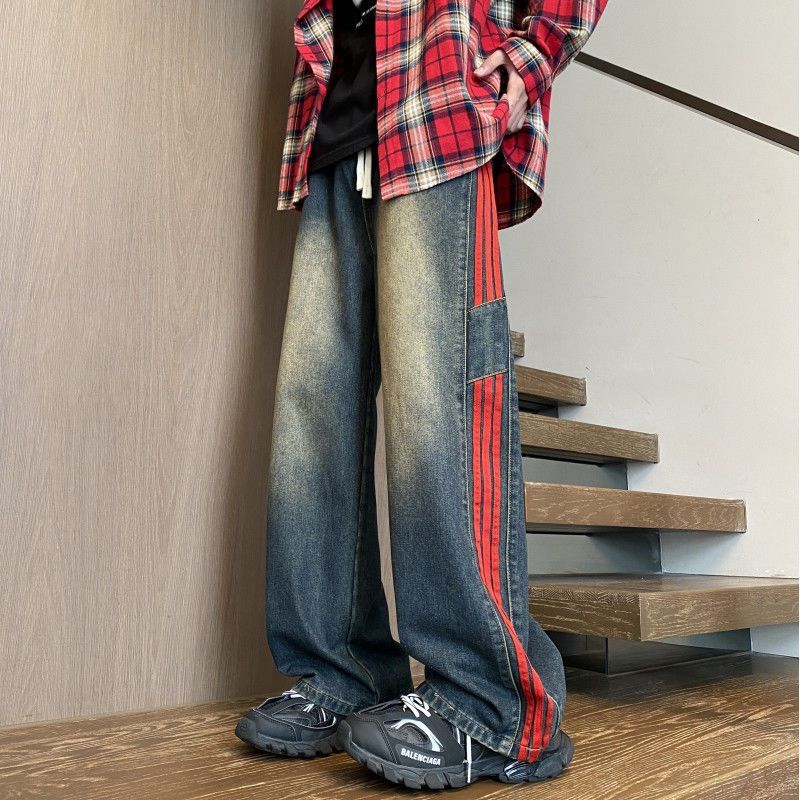 美式條紋水洗直筒高街寬鬆拼接闊腿牛仔褲