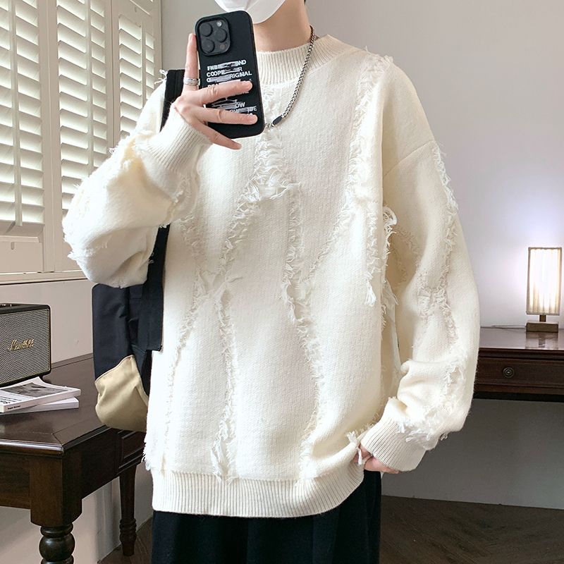 時尚潮流破洞款加厚圓領長袖針織毛衣