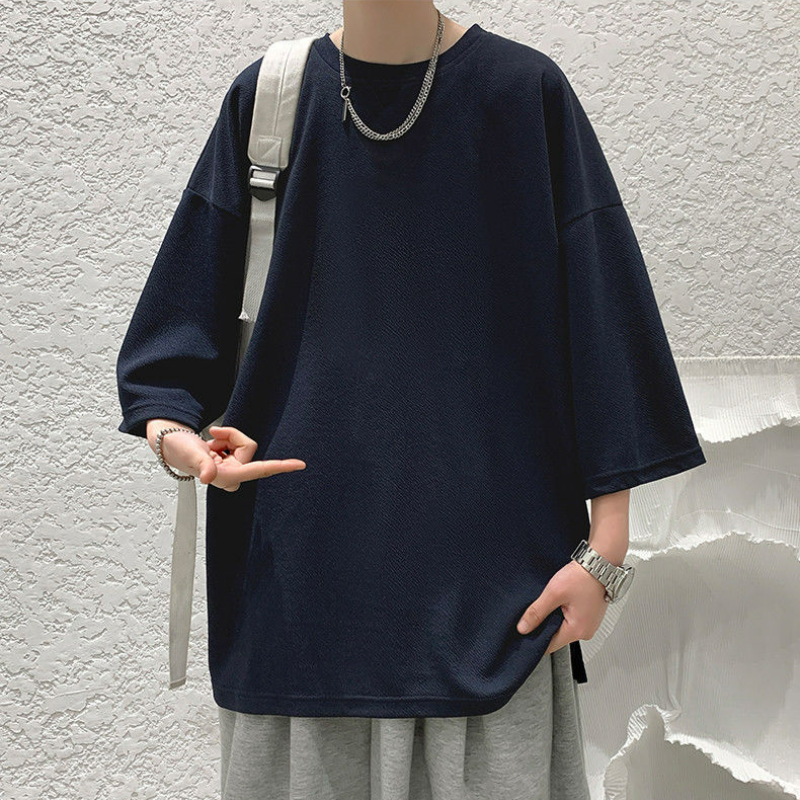 夏季簡約七分袖男t恤寬鬆半截袖ins潮牌加肥加大碼短袖體恤上衣男