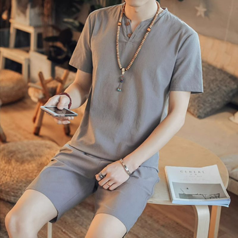 亞麻純色休閒寬鬆中國風復古棉麻v領短袖t恤