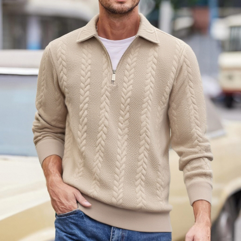 帥氣提花翻領休閒半拉鍊長袖針織衫