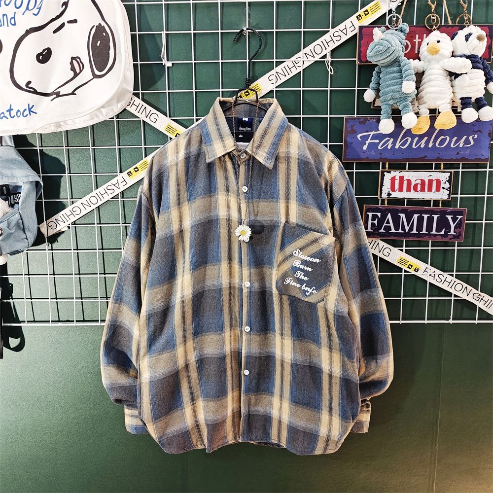 【單件/套裝】日系ins高街格子長袖襯衫 百搭T恤 帥氣休閒牛仔褲褲裝三件套套裝