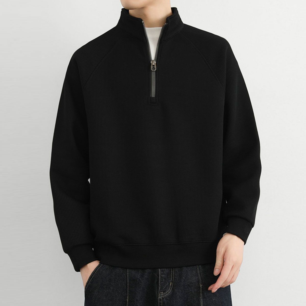 美式寬鬆帥氣百搭打底休閒半拉鍊立領長袖T恤