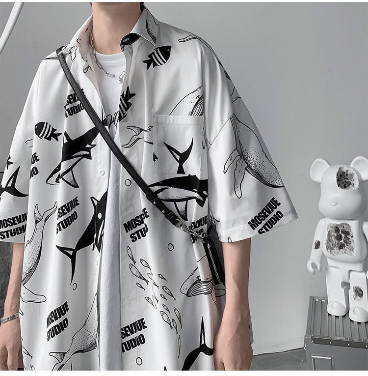 【單件/套裝】鯨魚印花情侶寬松短袖襯衫+T恤+潮流百搭休閑褲三件套