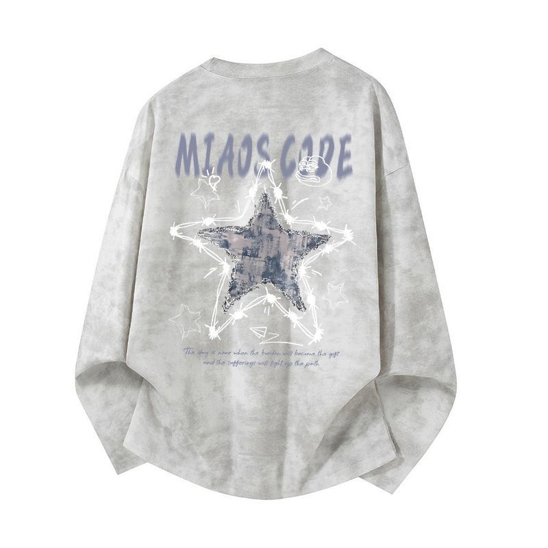 美式高街潮牌寬鬆休閒印花圓領扎染長袖T恤