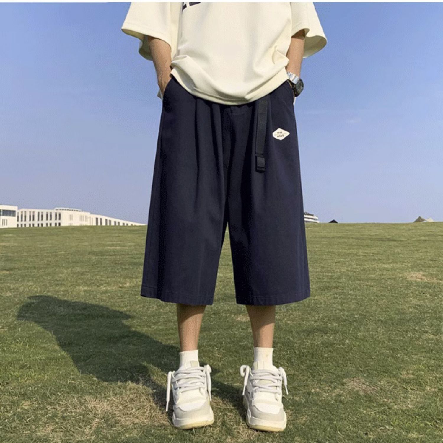 七分褲男士夏季薄款寬鬆過膝短褲美式ins潮牌休閒純色7分闊腿中褲