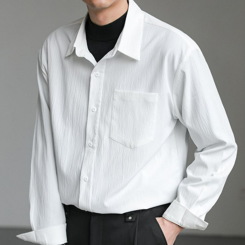 輕熟韓風潮流帥氣寬鬆休閒皺紋垂感長袖襯衫