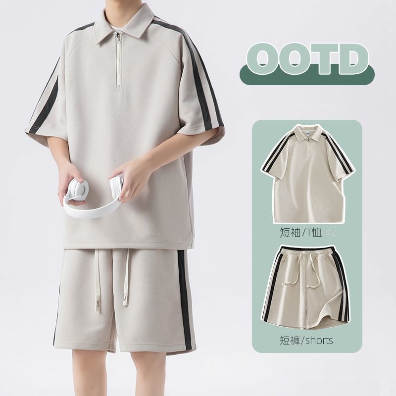 【整套】潮流寬松半拉鏈短袖t恤+運動休閑短褲兩件套