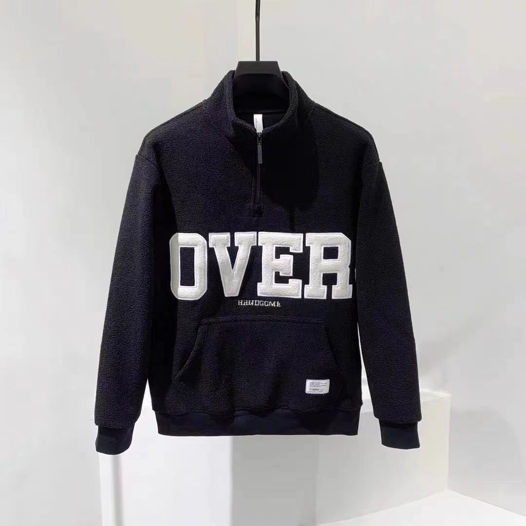 潮流休閒刺繡半拉鍊加厚搖粒絨立領長袖打底衫