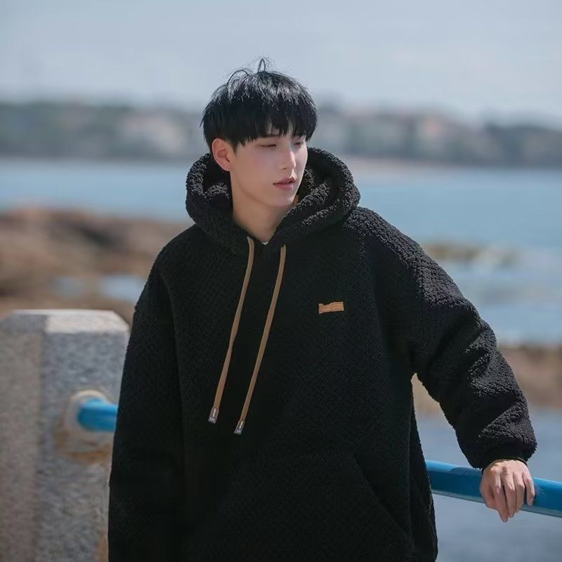 潮牌港風重磅寬鬆刷毛加厚保暖羊羔毛連帽衫