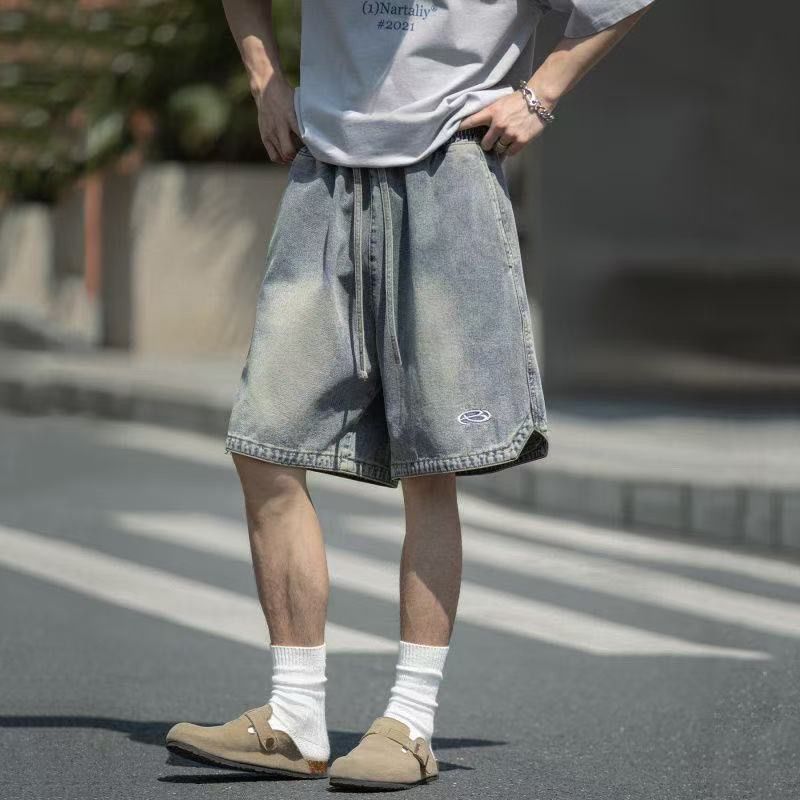 美式復古水洗直筒刺繡休閒五分牛仔短褲