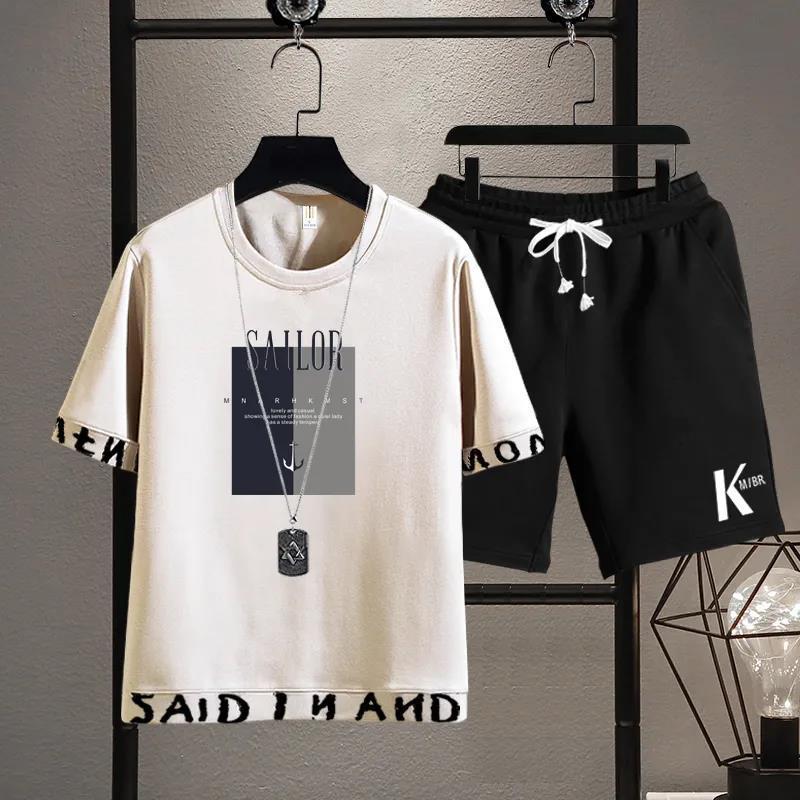 【套裝】韓版運動休閒帥氣短袖T恤+印花系帶短褲褲裝兩件套套裝