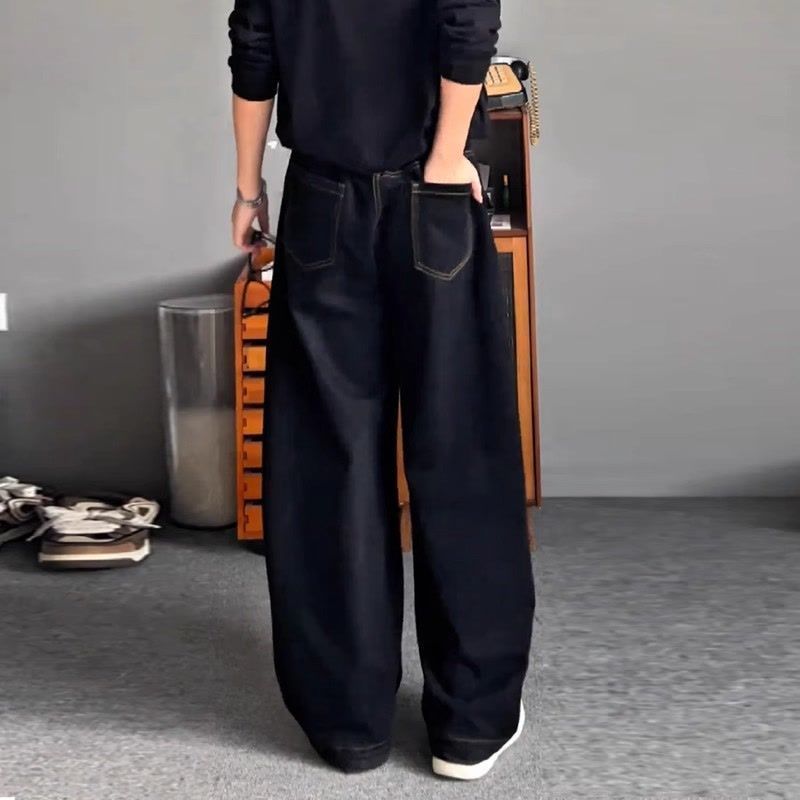 寬版中腰顯瘦百搭大碼闊腿彎刀牛仔褲