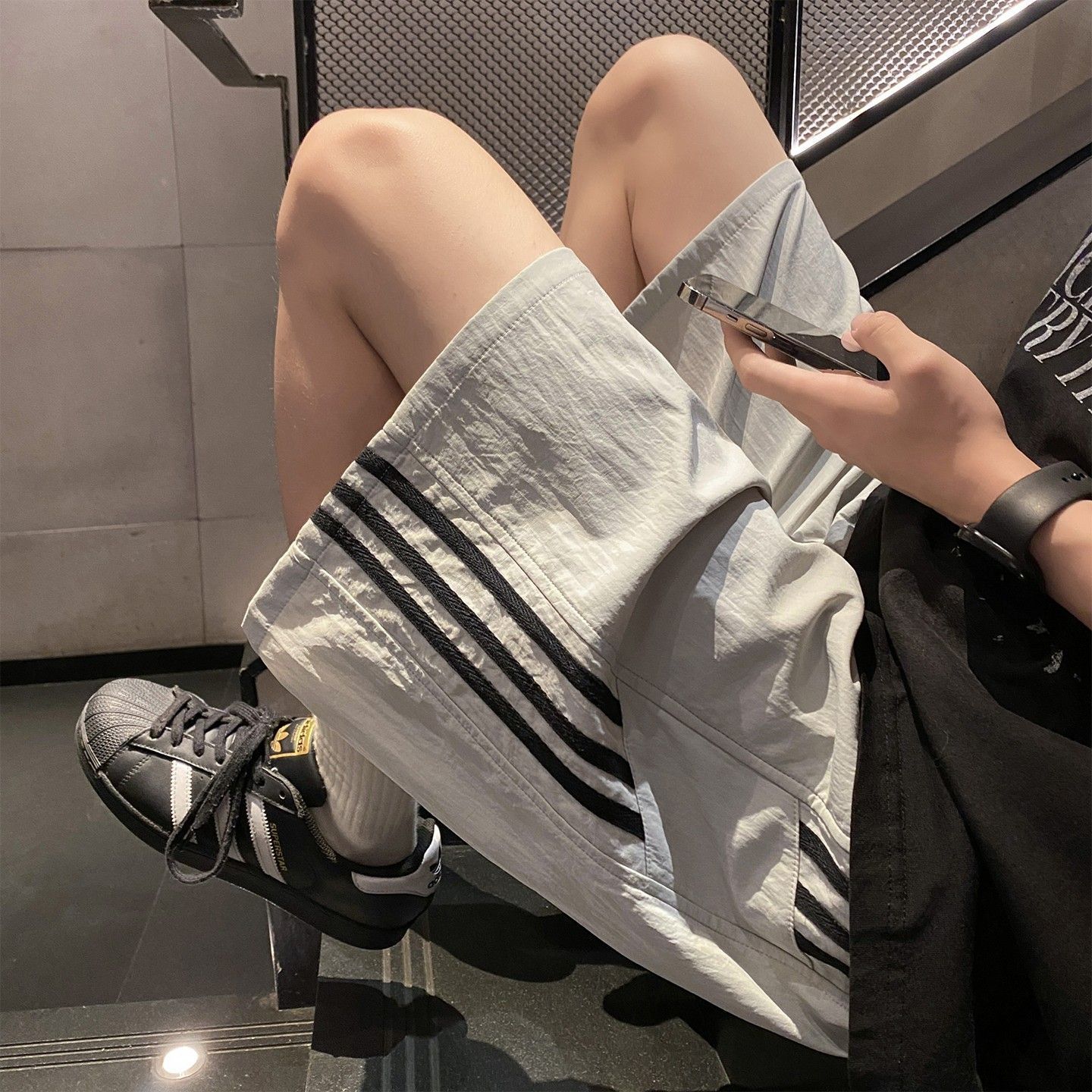 冰絲速乾薄款條紋ins美式工裝運動五分褲