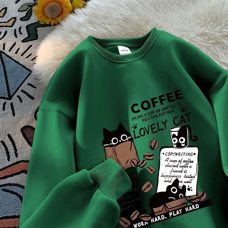 時尚潮流貓咪印花寬鬆美式圓領長袖T恤
